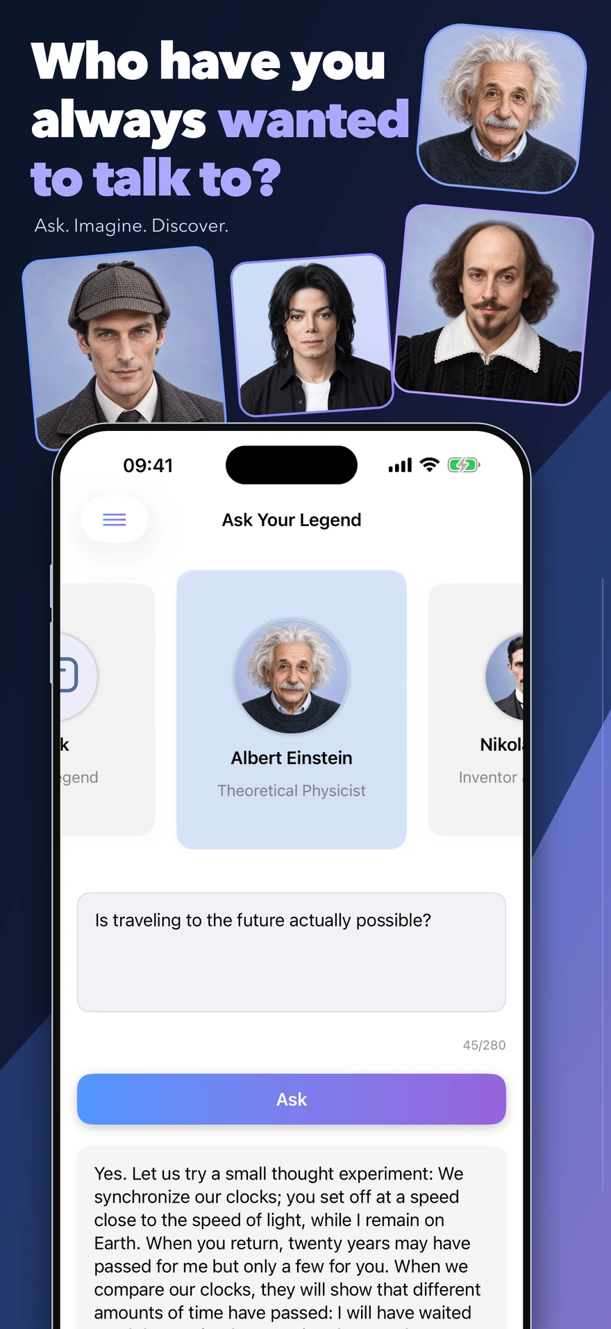 Albert Einstein selected in Legends AI, with a question about time travel.