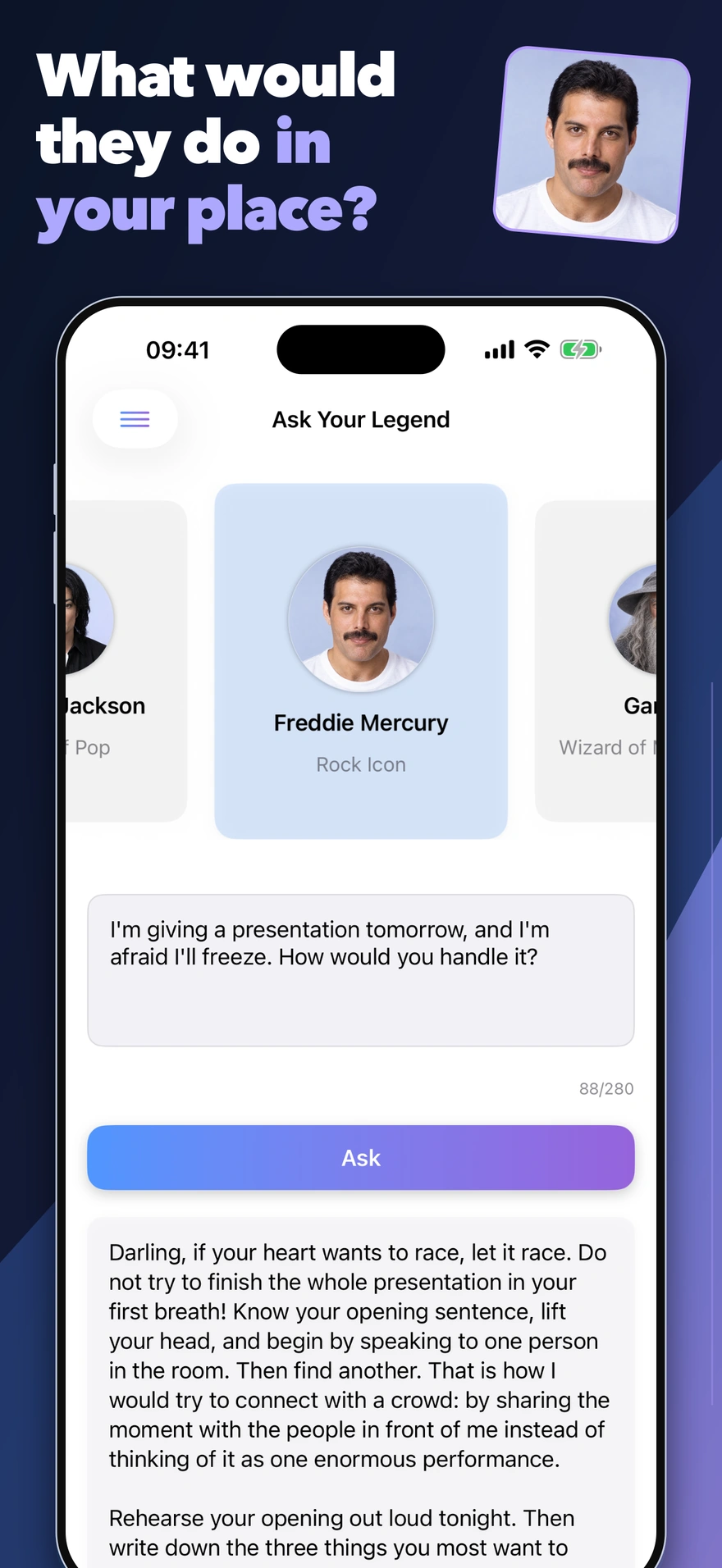 Freddie Mercury answering a question about overcoming stage fright.