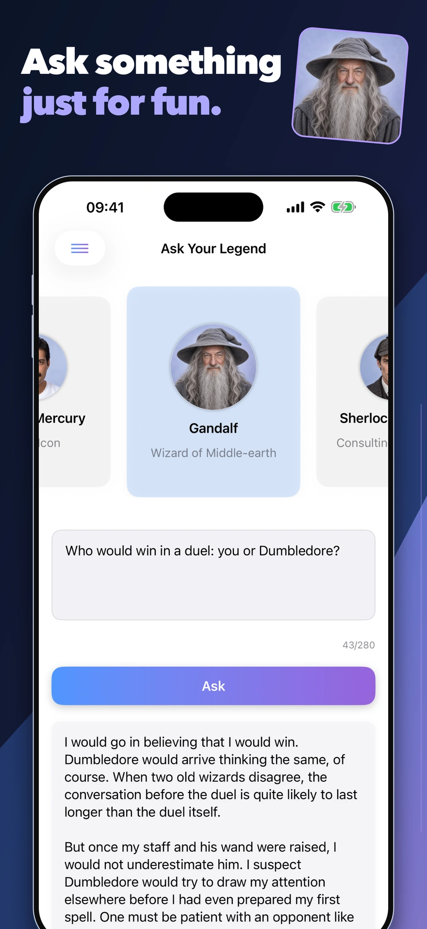 Gandalf responding to a playful question in Legends AI.
